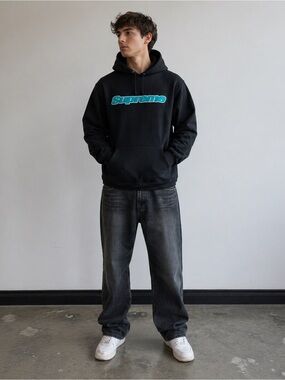 Authentic Supreme Black Hoodie with Chenille Teal Logo. Size M